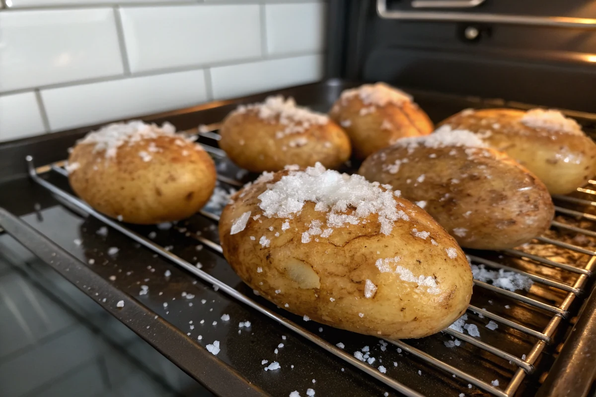 Russet potatoes coated in oil and coarse kosher salt on an oven rack for the first bake, salt crystals visible on the skins