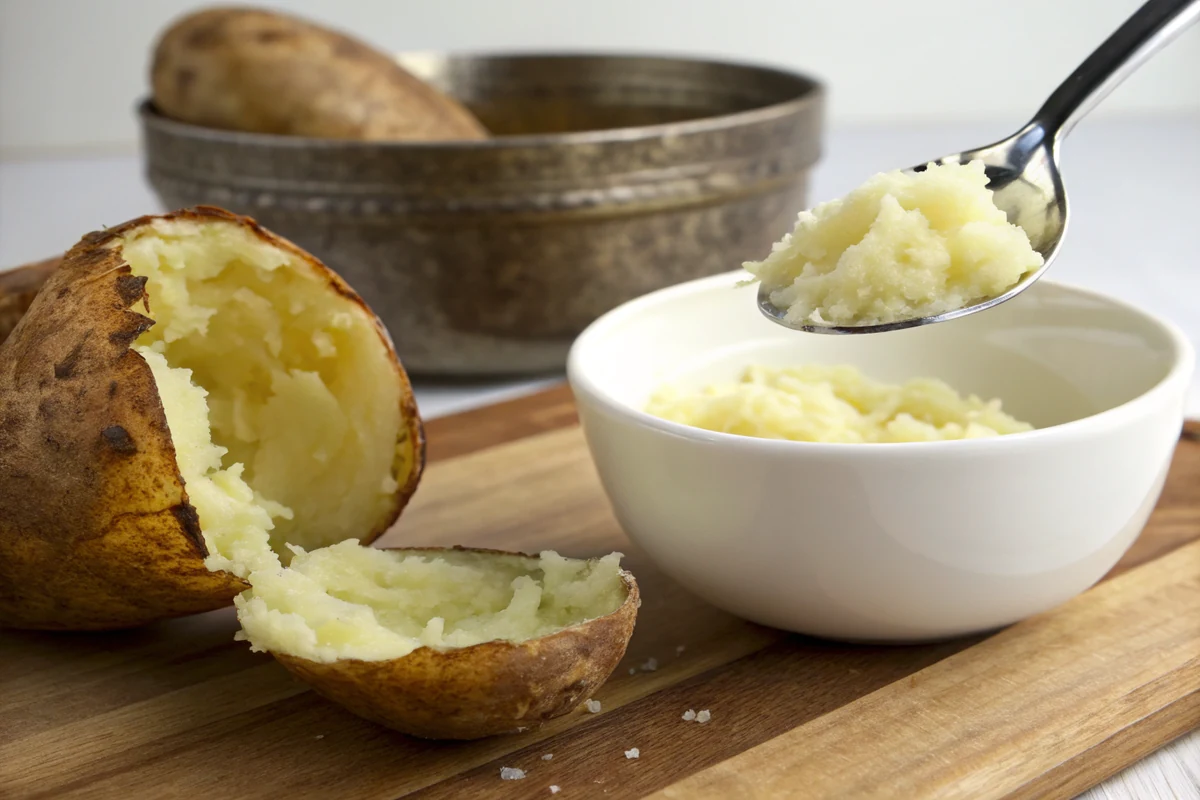 Spoon scooping fluffy potato flesh from a halved baked russet into a bowl, leaving a thick wall of potato inside the skin