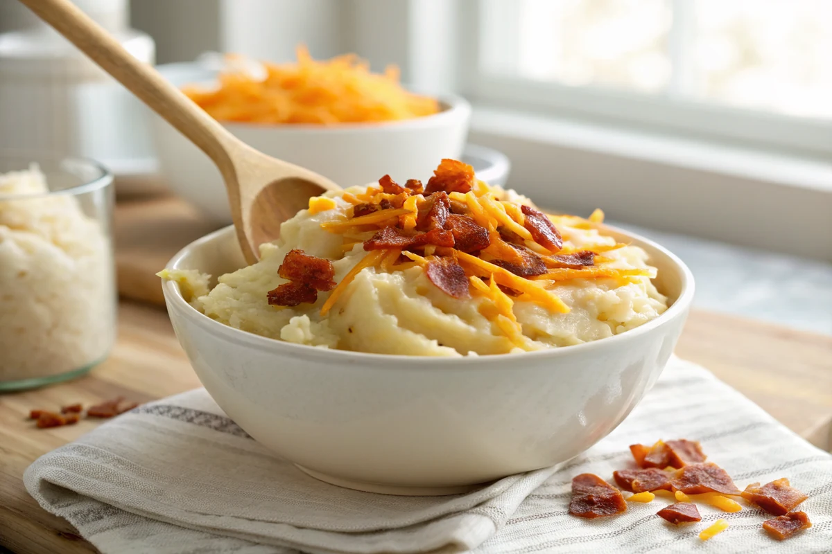 Shredded cheddar and crumbled bacon being folded into a bowl of mashed potato filling with a spatula