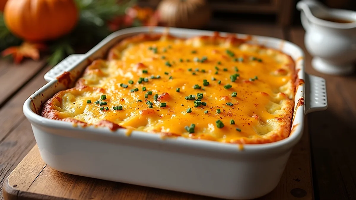 Golden bubbling Texas scalloped potatoes in a 9x13 white ceramic baking dish, top layer browned and crispy, melted sharp cheddar cheese visible cascading down sides, sprinkle of smoked paprika and chives garnish, served family-style on rustic wood Texas Hill Country table, Thanksgiving setting with autumn leaves