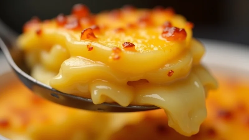 Close-up of a serving spoon lifting scalloped potatoes from the dish, layered cream-and-cheese sauce visible between thin potato rounds, golden crust on top, hot bubbling visible