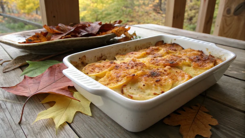 Close-up of a serving spoon lifting scalloped potatoes from the dish, layered cream-and-cheese sauce visible between thin potato rounds, golden crust on top, hot bubbling visible