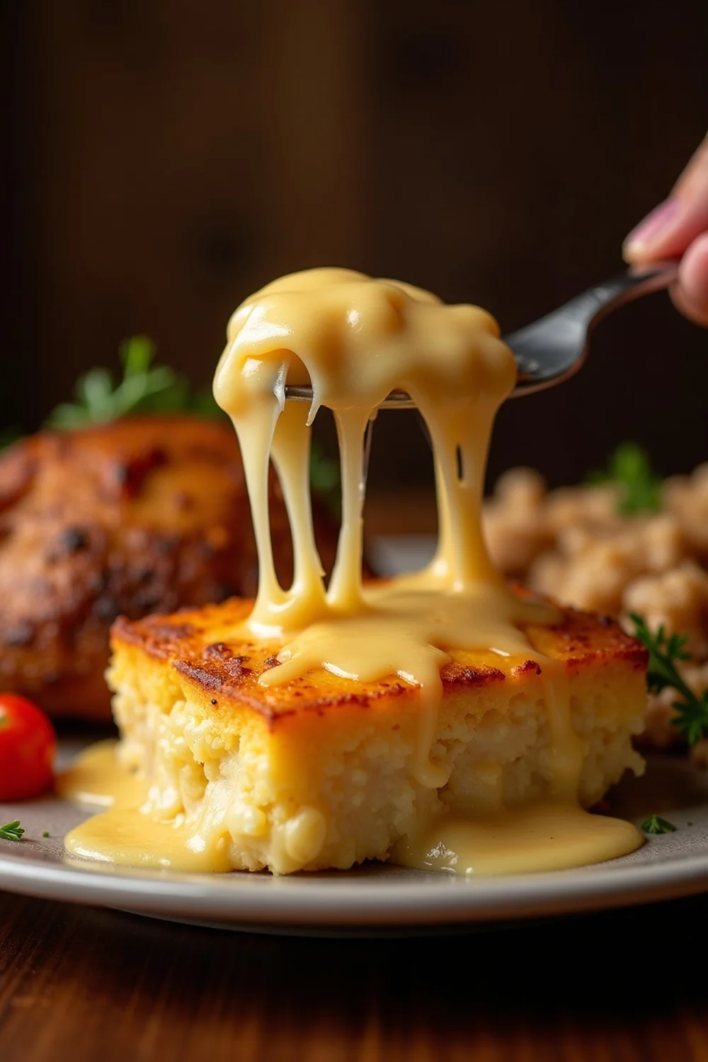 Vertical view of Texas scalloped potatoes being served on a holiday plate with turkey and stuffing, melted cheese stretching from the dish, autumn Hill Country kitchen, dramatic warm holiday lighting