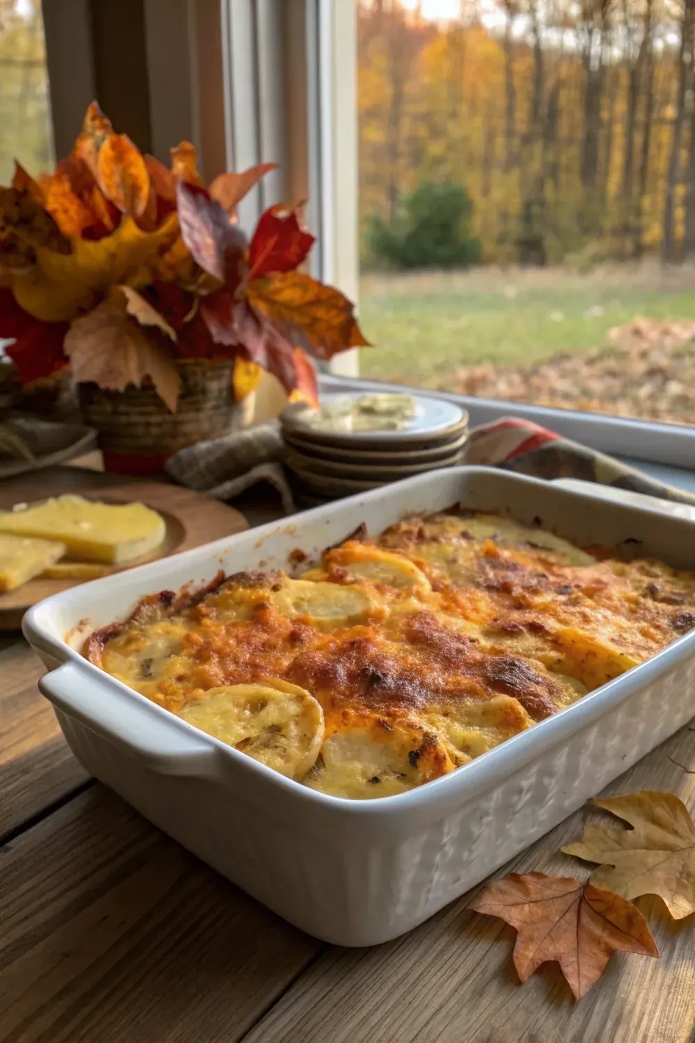 Vertical view of Texas scalloped potatoes being served on a holiday plate with turkey and stuffing, melted cheese stretching from the dish, autumn Hill Country kitchen, dramatic warm holiday lighting