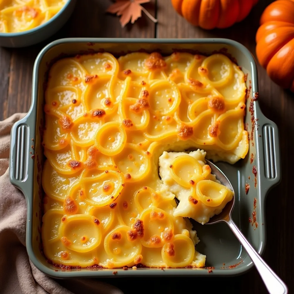 Overhead view of the 9x13 baking dish of scalloped potatoes straight from the oven, browned crust covering the entire surface, serving spoon resting in the dish, holiday family-style table