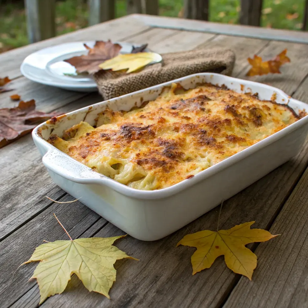 Overhead view of the 9x13 baking dish of scalloped potatoes straight from the oven, browned crust covering the entire surface, serving spoon resting in the dish, holiday family-style table