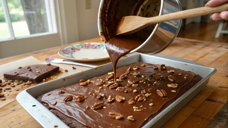 Close-up of fudgy Texas sheet cake frosting setting on a warm cake, cracked edge revealing soaked top crust and pecan pieces