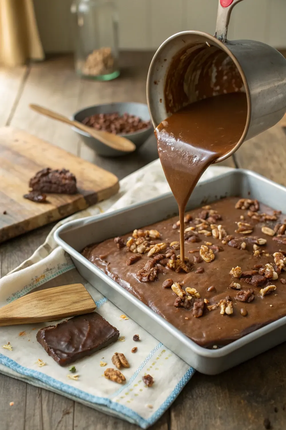 Vertical shot of a square of Texas sheet cake with cocoa pecan frosting on a vintage plate, save this Texas dessert recipe