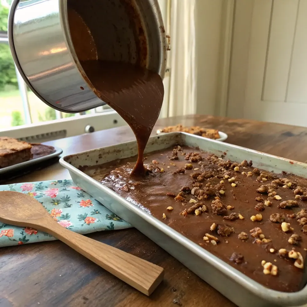 Overhead view of a finished Texas sheet cake with warm-poured pecan cocoa frosting, sliced into squares on butcher paper