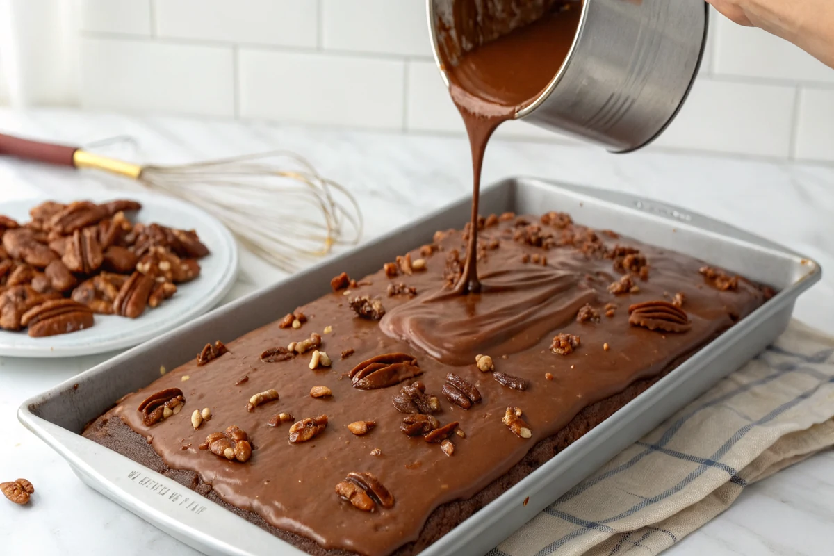 Pouring warm pecan-studded chocolate frosting over a warm sheet cake in a jelly roll pan