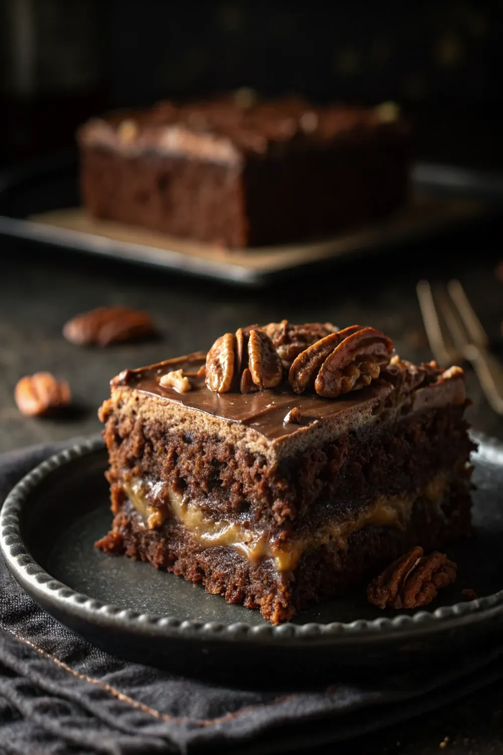 Vertical Pinterest pin of Texas sheet cake slice with pecans