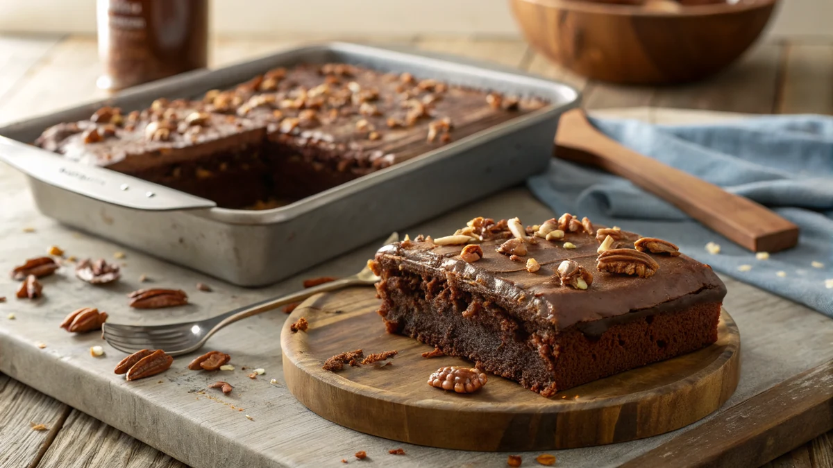 Texas Sheet Cake with Buttermilk recipe by Chef Mia, photographed in a natural light Texas kitchen