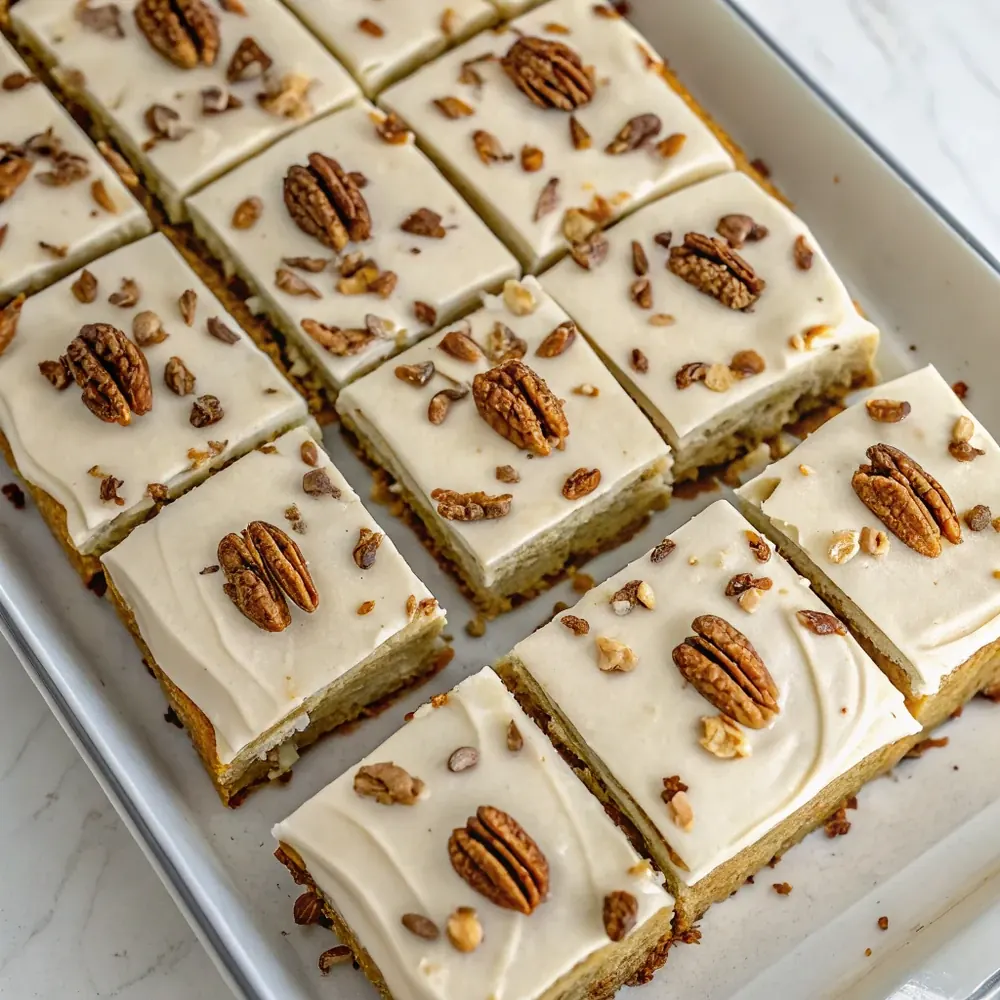 Top-down Texas sheet cake squares cut and arranged on a platter