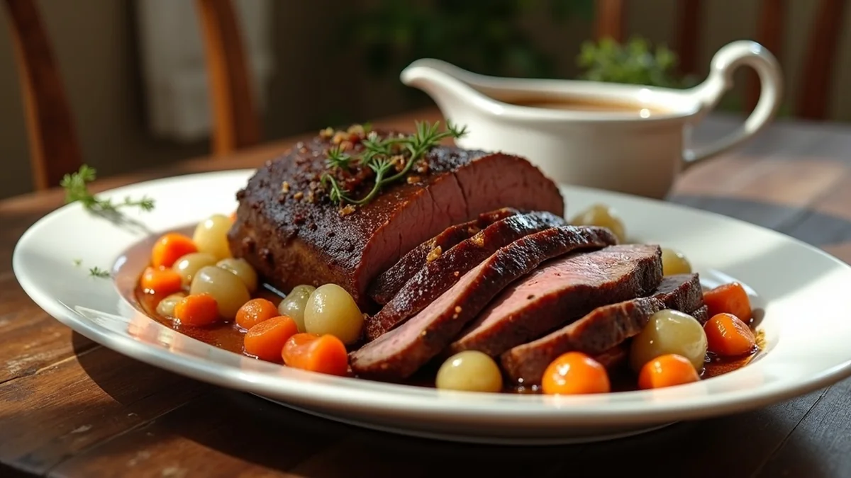 Traditional Texas pot roast with silverside beef sliced on a white serving platter, surrounded by glazed carrots, pearl onions, celery chunks, bay leaves visible, rich brown gravy in a gravy boat alongside, family-style Hill Country wooden table