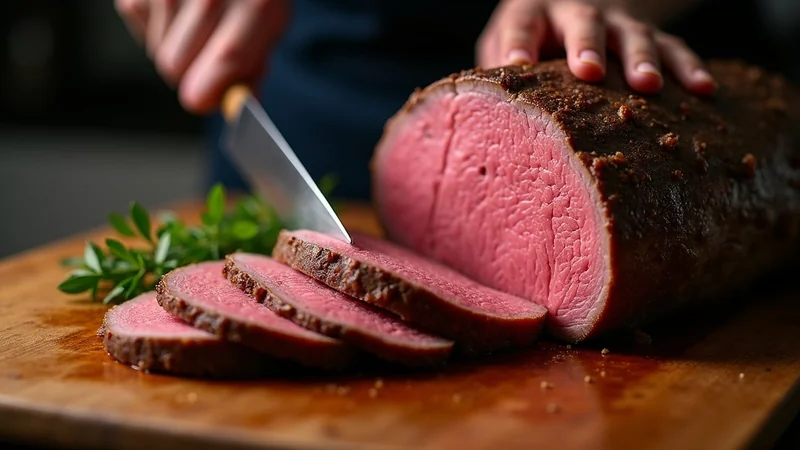 Close-up of silverside beef being sliced thin against the grain on a wooden cutting board, juicy interior visible, slight pink center, Sunday roast presentation