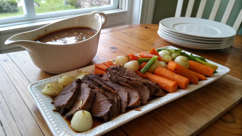 Close-up of silverside beef being sliced thin against the grain on a wooden cutting board, juicy interior visible, slight pink center, Sunday roast presentation
