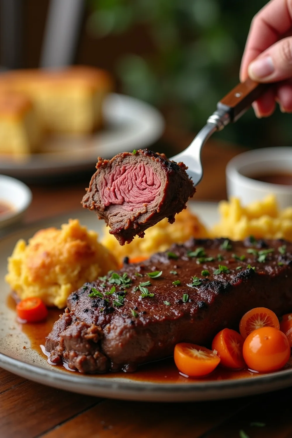 Vertical view of Texas silverside beef pot roast on a Sunday family dinner table with mashed potatoes, gravy boat, cornbread, fork lifting a slice, warm afternoon light