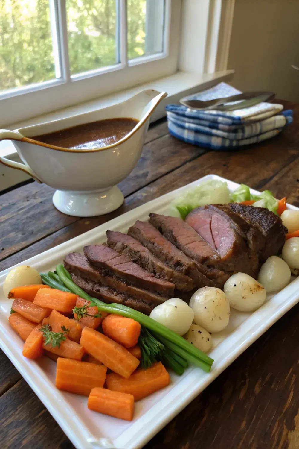 Vertical view of Texas silverside beef pot roast on a Sunday family dinner table with mashed potatoes, gravy boat, cornbread, fork lifting a slice, warm afternoon light