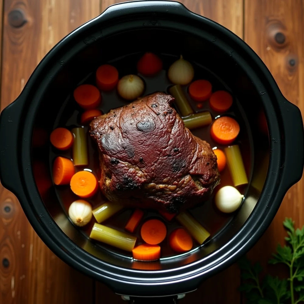 Overhead view of a slow cooker crock with whole silverside beef roast surrounded by carrots, pearl onions, celery, garlic cloves, bay leaves in dark beef broth, ready to serve