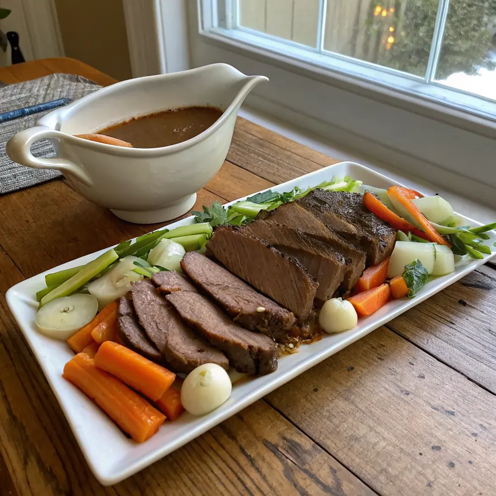 Overhead view of a slow cooker crock with whole silverside beef roast surrounded by carrots, pearl onions, celery, garlic cloves, bay leaves in dark beef broth, ready to serve