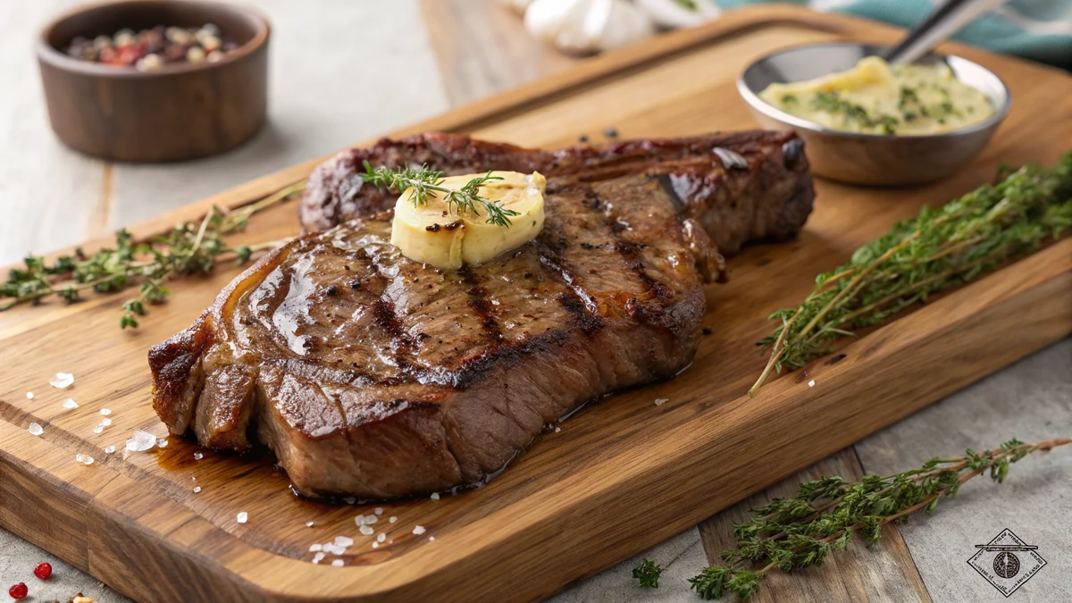 Photorealistic cast-iron seared Texas T-bone steak resting on a wooden board with melting garlic butter and fresh thyme, juicy and glistening