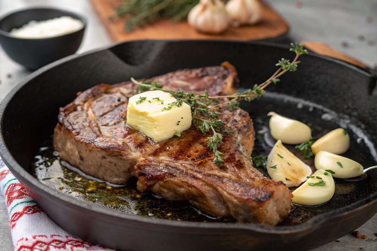 Close-up of a thick T-bone steak searing in a black cast-iron skillet with foaming butter, smashed garlic cloves, and thyme sprigs being spooned over the meat