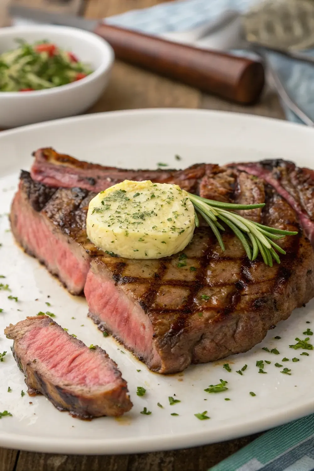 Vertical pin of a juicy medium-rare cast-iron T-bone steak topped with garlic herb butter, sliced to show the pink center beside the bone