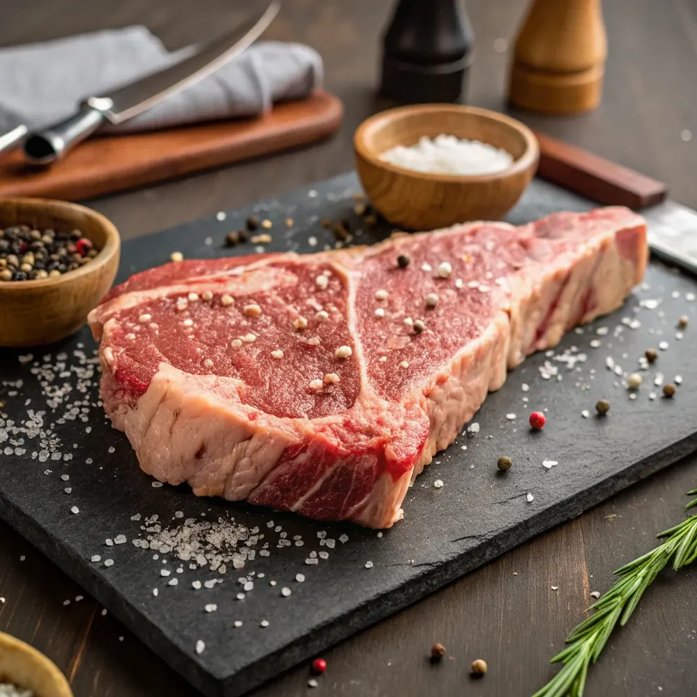 Overhead shot of a raw thick-cut T-bone steak seasoned heavily with kosher salt and coarse black pepper on a dark cutting board