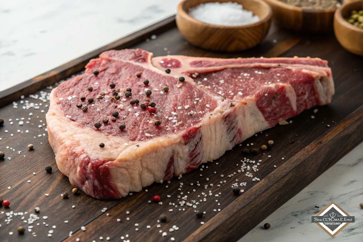 A thick raw T-bone steak seasoned heavily with kosher salt and coarse black pepper on a dark wooden cutting board