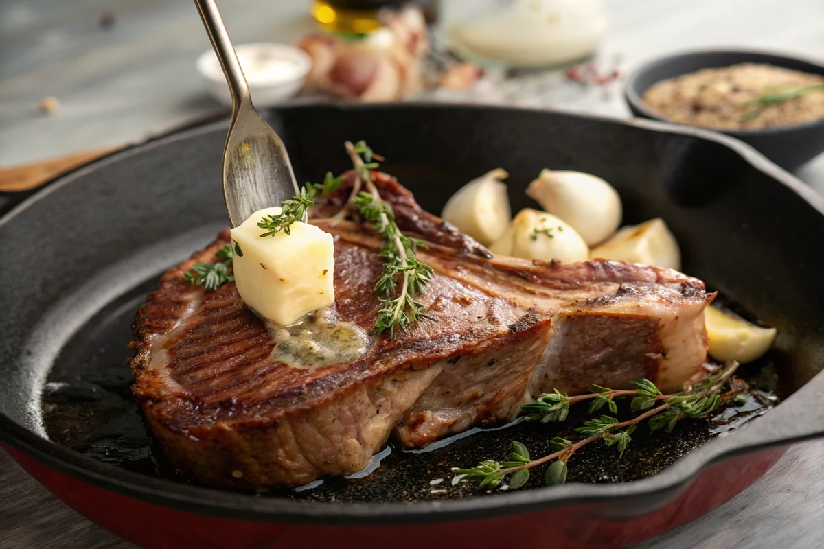 A thick T-bone steak searing in a black cast-iron skillet with foaming butter, smashed garlic cloves, and thyme sprigs being spooned over the meat with a spoon