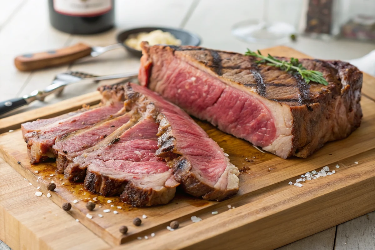 A rested T-bone steak with the strip and tenderloin sliced off the bone against the grain, fanned out to show the pink medium-rare center on a wooden board