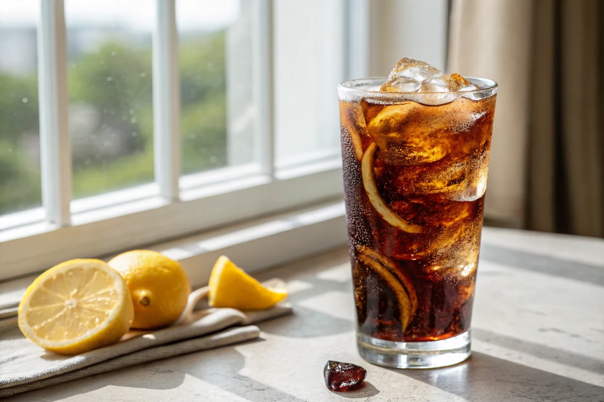 Close-up of dark soda swirling down through a tall glass of iced amber cocktail, caramel streaks blending past a lemon wheel