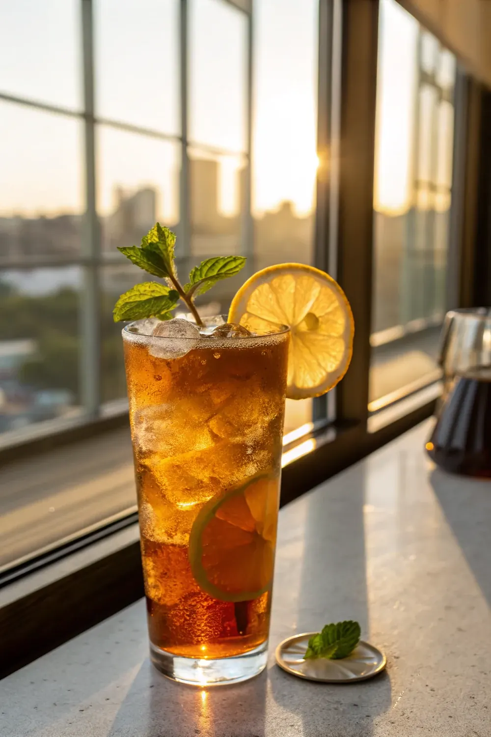 Vertical shot of a tall amber iced cocktail with lemon wheel and mint garnish, golden late afternoon light, styled like a glass of sweet tea