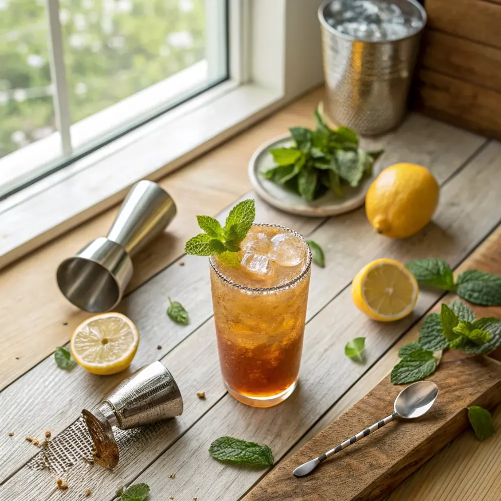 Overhead view of a Texas Tea cocktail on a wooden table surrounded by lemon wedges, a jigger, and scattered mint leaves