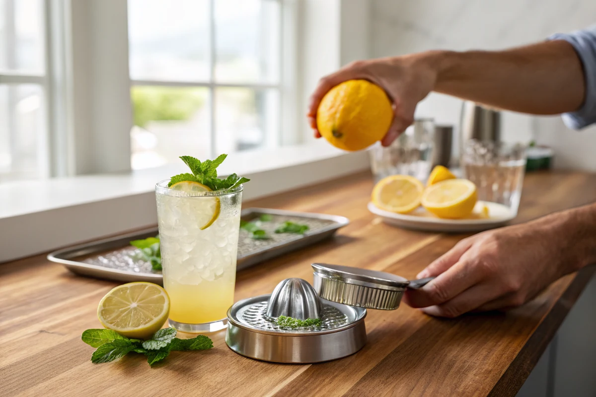 Fresh lemon half being squeezed in a hand press over a jigger, tall iced glass and mint sprig waiting on a wooden bar surface