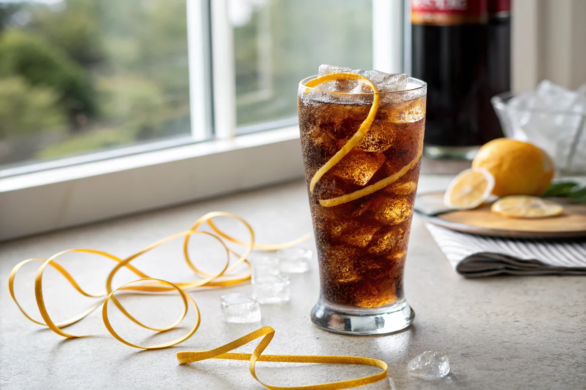 Dark cola swirling gently through a packed tall glass of iced cocktail, amber color developing in soft ribbons down the glass
