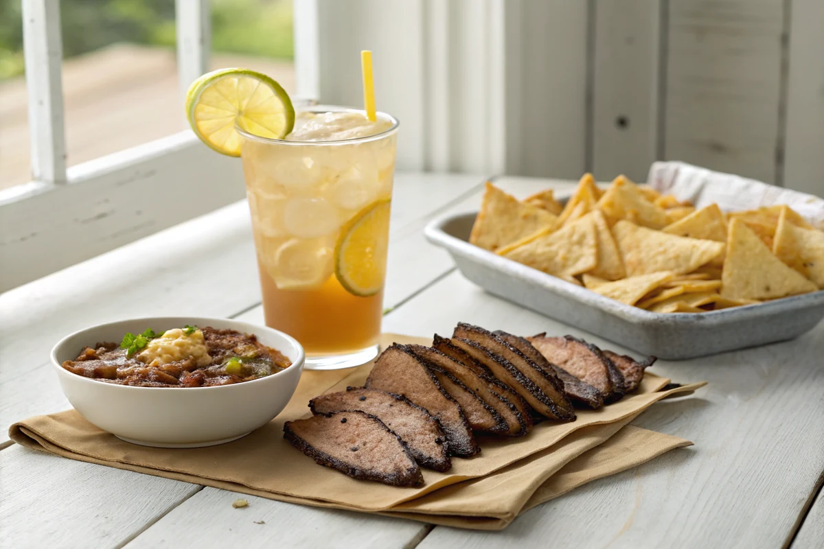 Texas tea cocktail with lemon wheel beside a spread of barbecue brisket slices and a bowl of tortilla chips with queso on a porch table