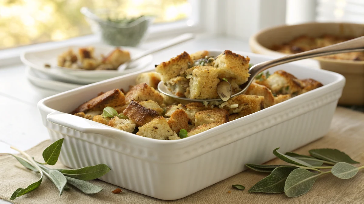 Texas Toast Stuffing recipe by Chef Mia, photographed in a natural light Texas kitchen