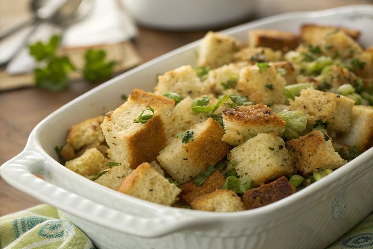 Close-up of buttery Texas toast stuffing showing crisp golden bread cubes on top and a soft moist interior, green herb flecks throughout