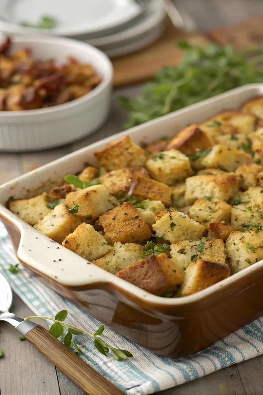 Vertical photo of golden buttery Texas toast stuffing with a crisp herb-flecked top in a baking dish, save this easy Thanksgiving bread stuffing that serves a crowd