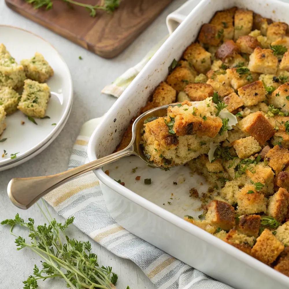 Overhead view of a baking dish of Texas toast stuffing with a golden crisp surface and visible herbs, a portion scooped out to show the tender middle