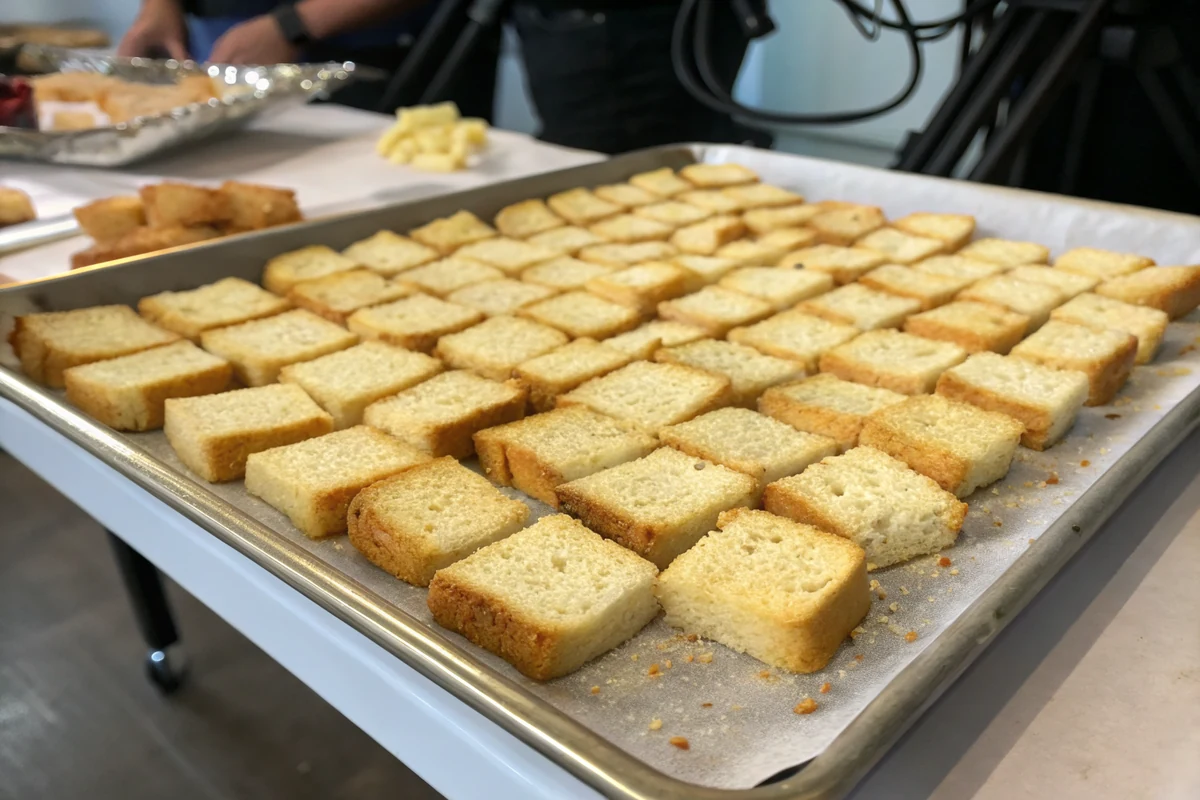 Cubed Texas toast spread out on a sheet pan to dry and toast in the oven, golden edges forming on the bread cubes