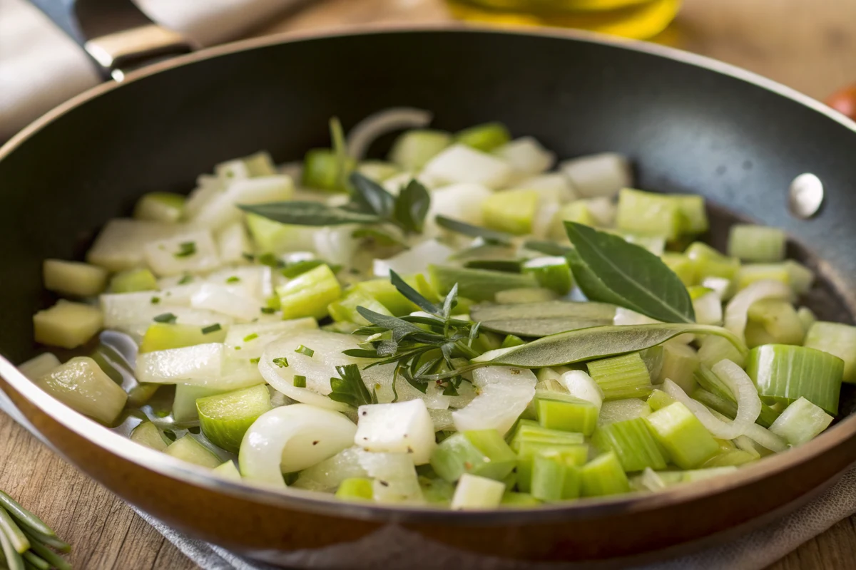 Diced onion, celery, and fresh herbs sauteing in melted butter in a skillet, the vegetables soft and glossy with sage leaves visible