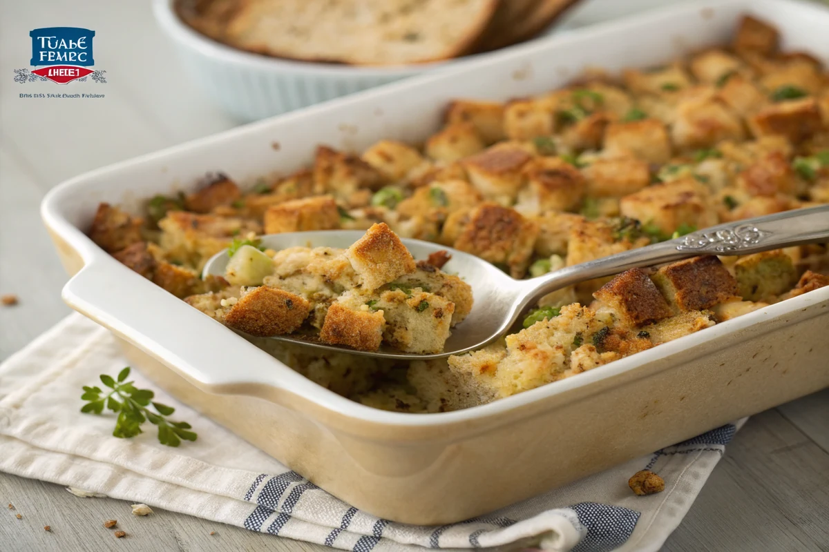 The finished Texas toast stuffing in a baking dish with a golden crisp top and a serving spoon resting in it, herb flecks visible