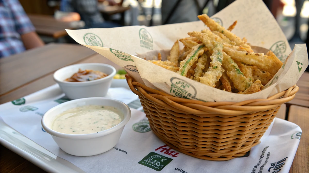 Photorealistic basket of crispy golden fried jalapeno and onion matchstick strips with a small bowl of creamy cajun horseradish dip