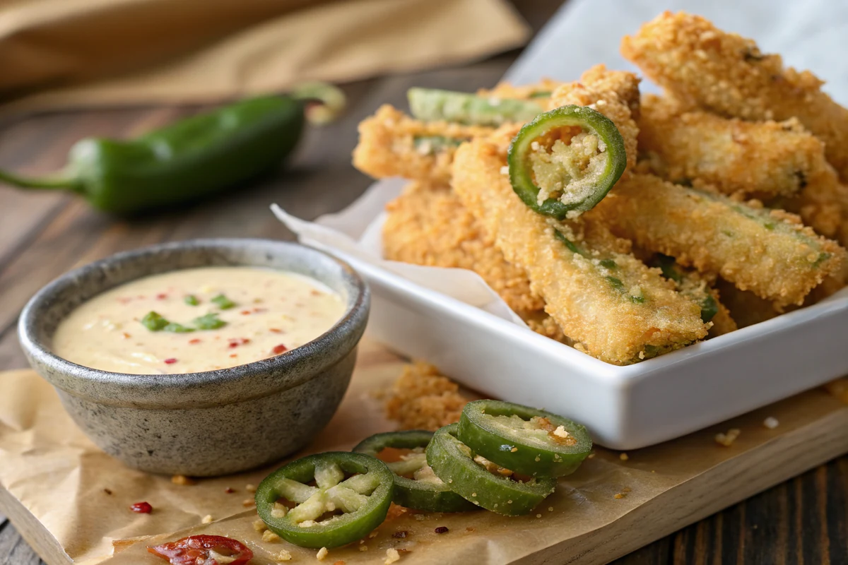 Close-up of crunchy battered jalapeno and onion strips piled high with a craggy golden crust beside a dipping sauce