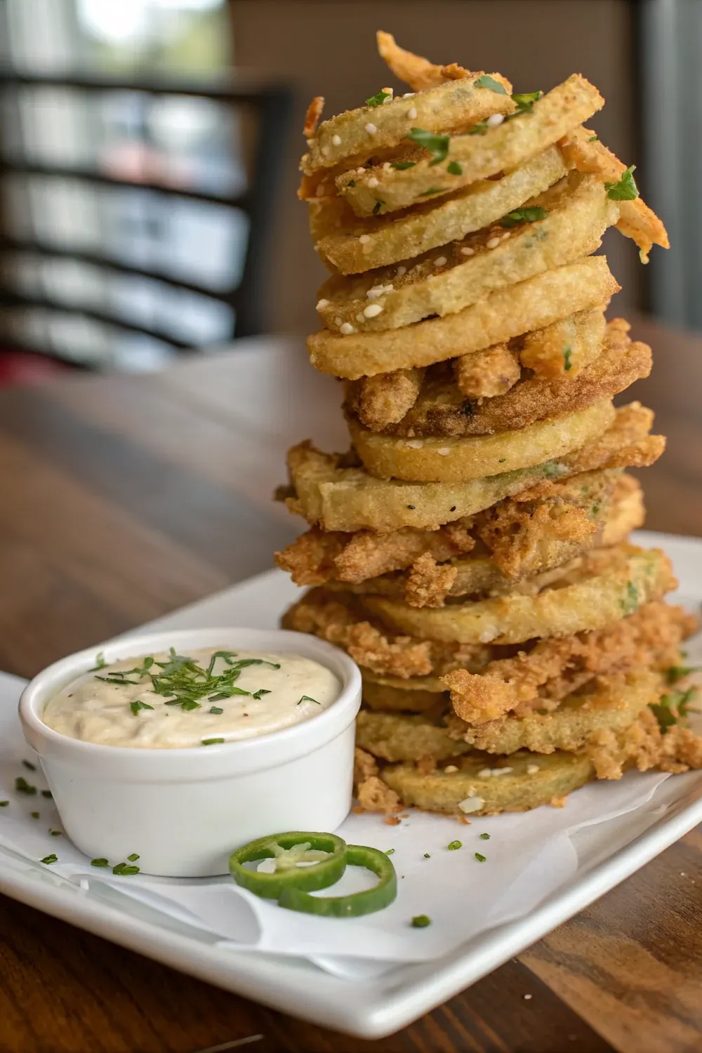 Tall vertical pile of crispy fried jalapeno and onion strips with creamy cajun horseradish dip, vertical pin to save