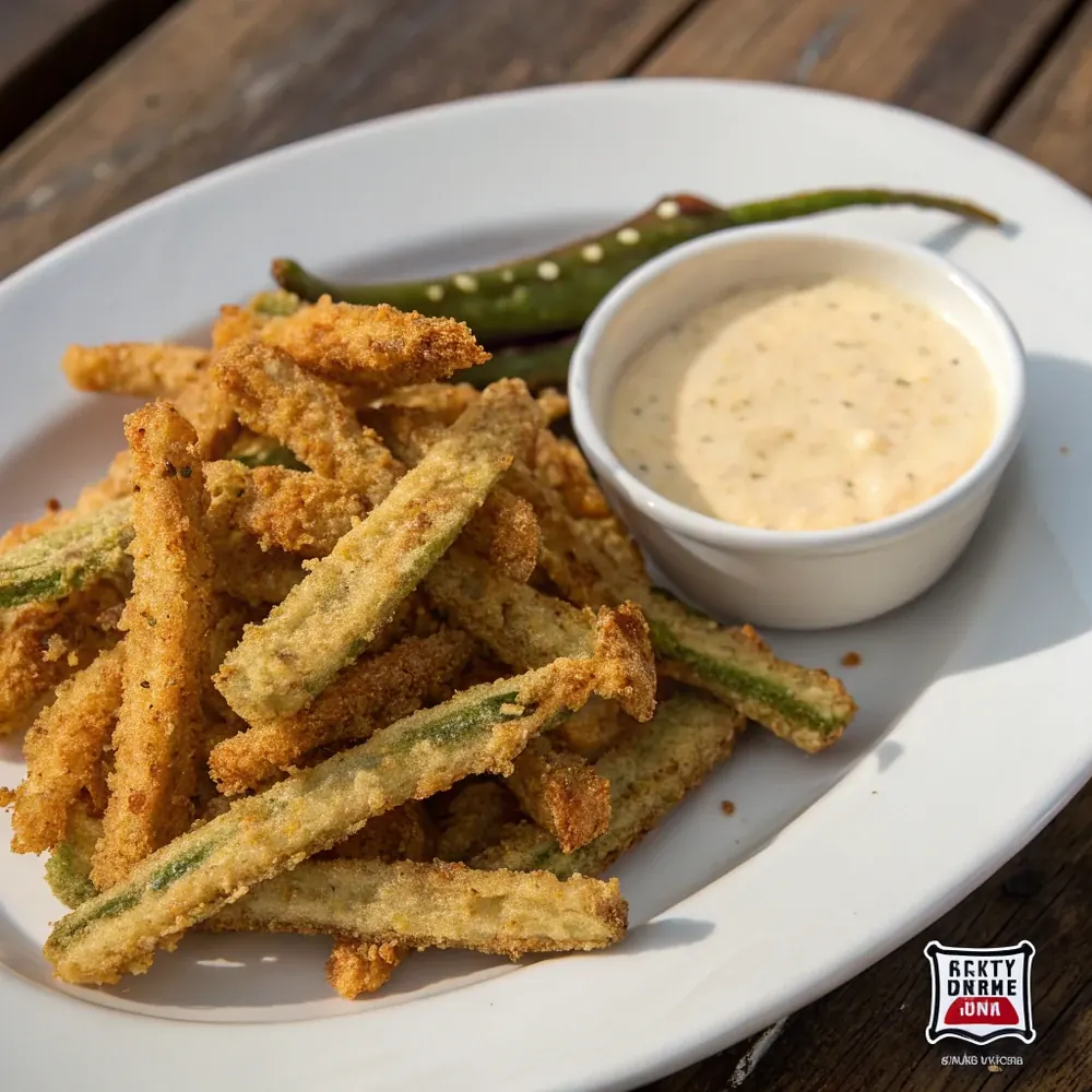 Overhead shot of a plate of crispy fried Texas Toothpicks strips of jalapeno and onion with a ramekin of pale cajun dip