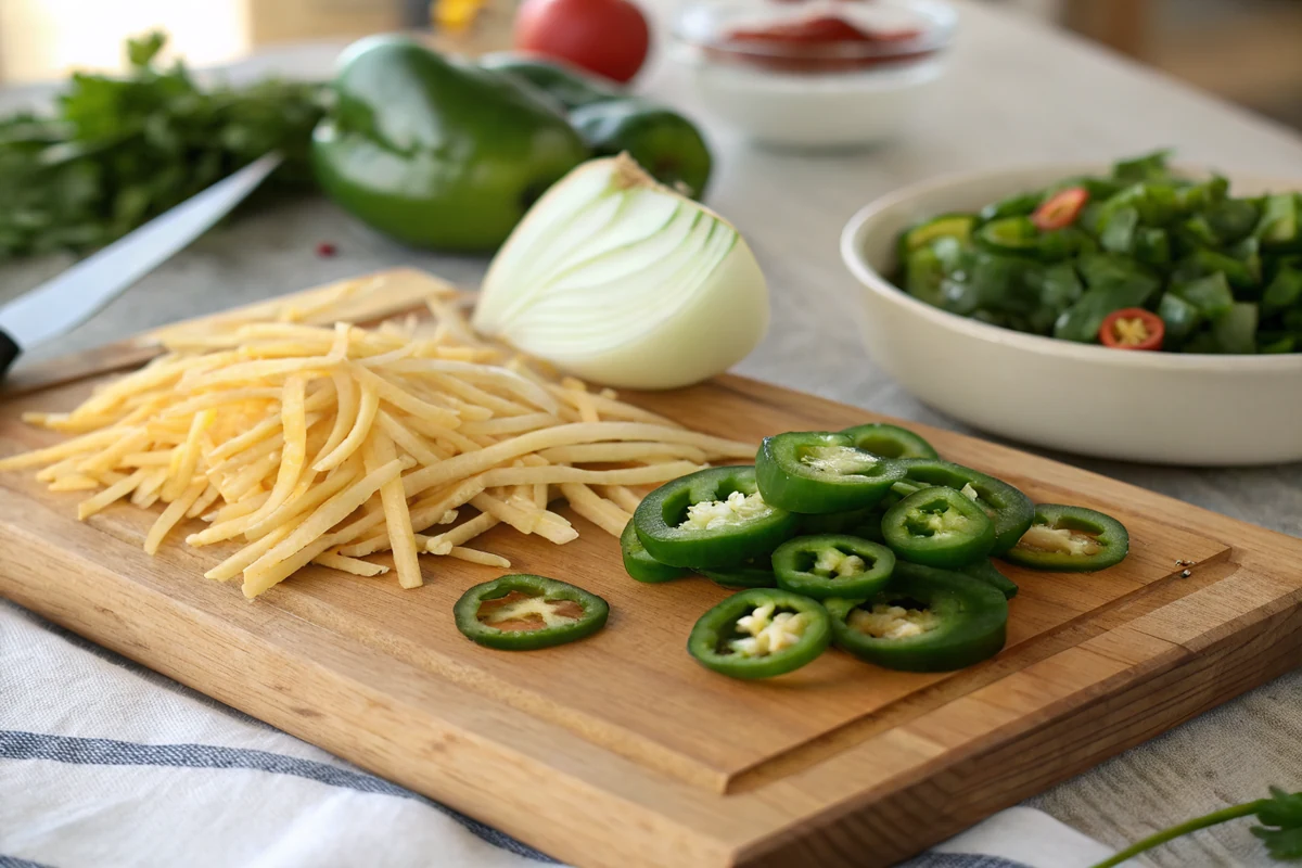 Fresh jalapenos and a yellow onion cut into thin matchstick strips on a wooden cutting board