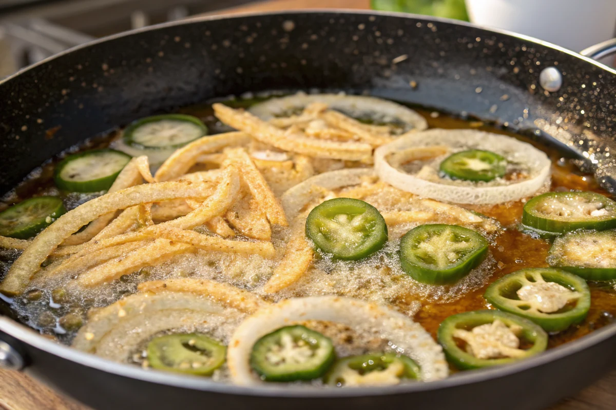 Jalapeno and onion strips dredged in seasoned flour frying in golden bubbling oil